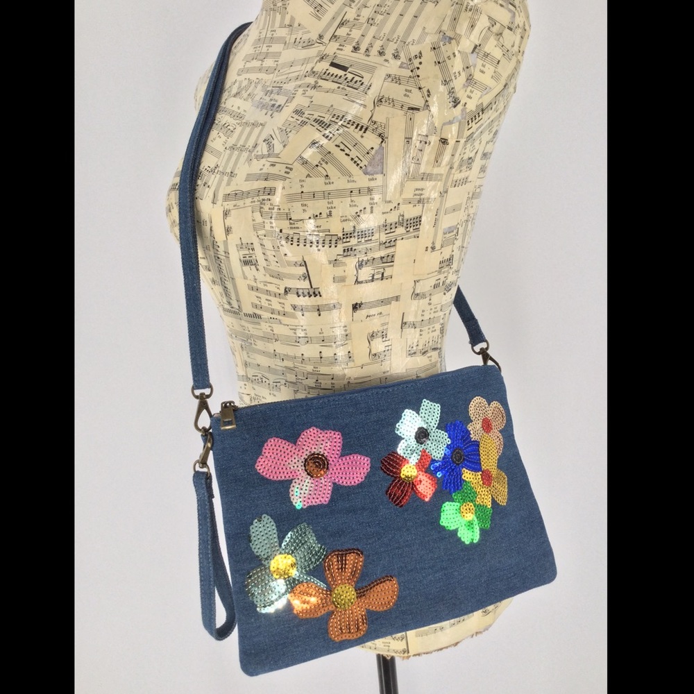 Sara Denim W/Sequins Crossbody, Wristlet, Clutch